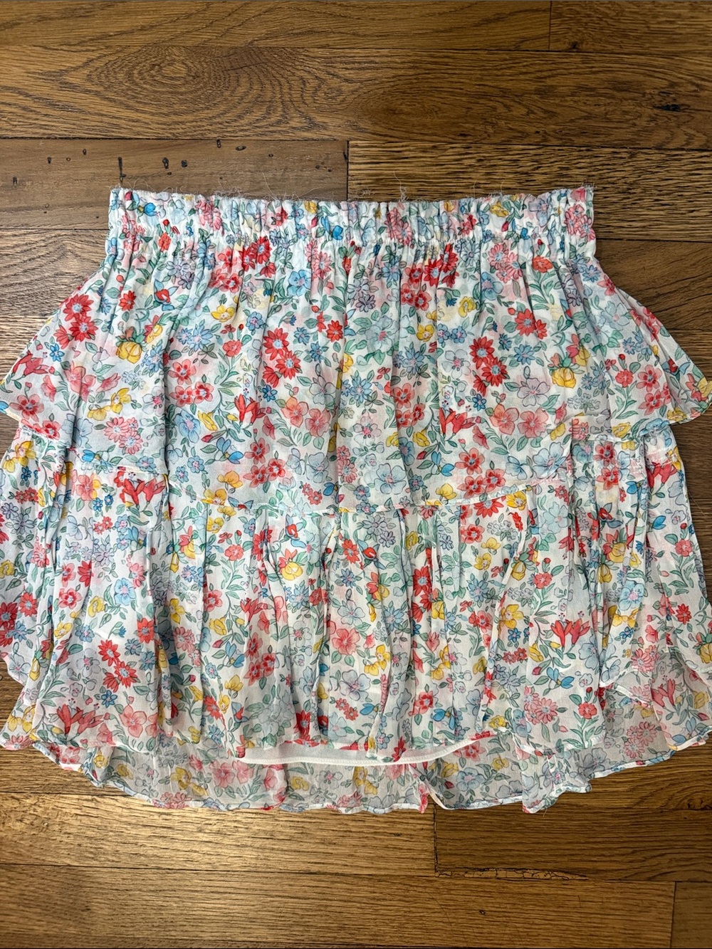 Love Shack Fancy Floral Tiered Mini Skirt in White with Multi-Color Print
